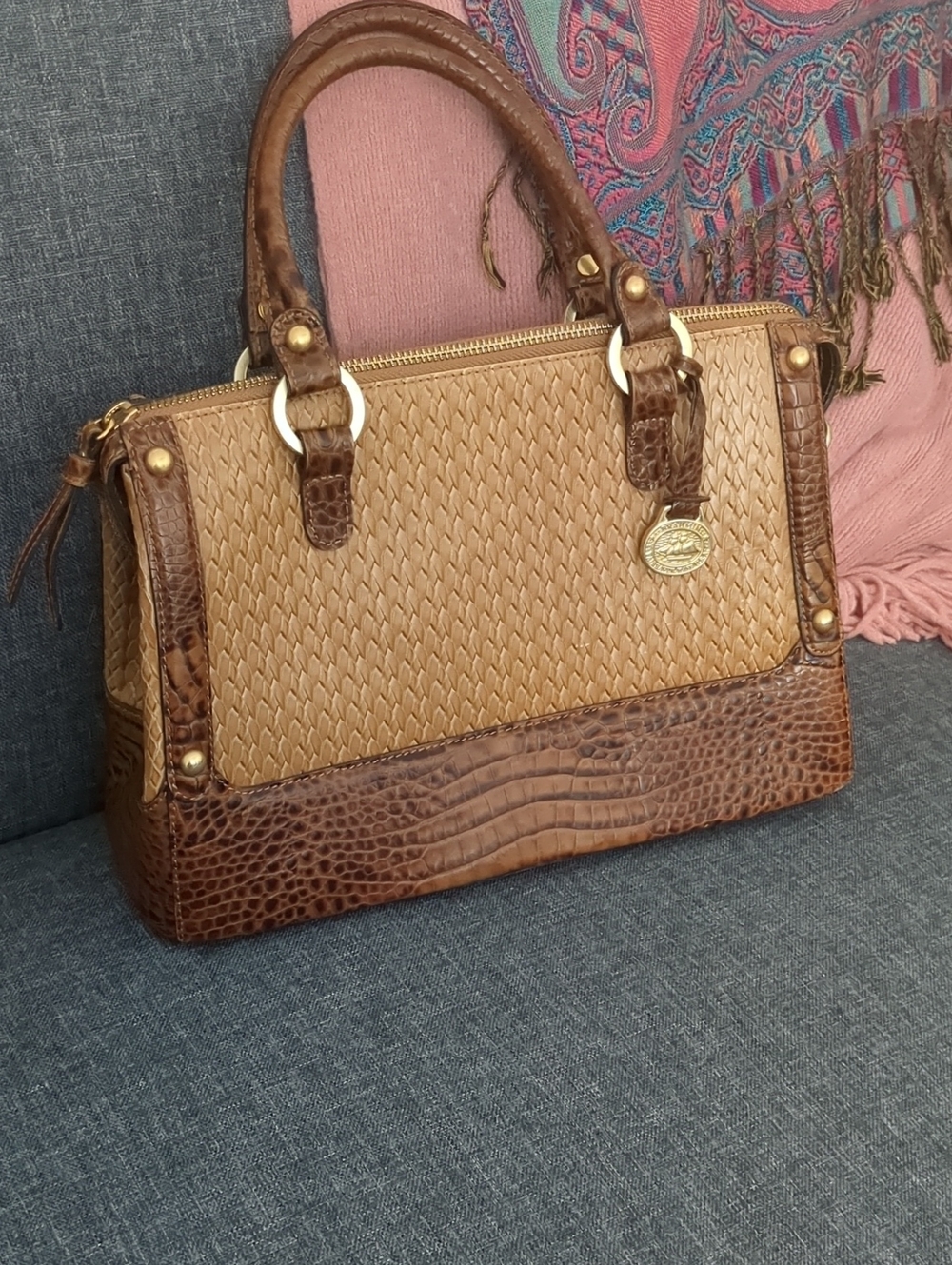 Vintage Brahmin Two Tone Leather Straw with Croc-Trim - Tan/Brown
